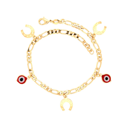 The Red Evil Eye and Horseshoes Charm Ankle Bracelet Figaro Link Chain is crafted from 14k gold-filled material and features horseshoe charms with intricate dot details. This bold ankle bracelet prominently displays captivating red circular evil eyes, characterized by a striking design that includes a vivid red outer ring, a white middle, and a black center.